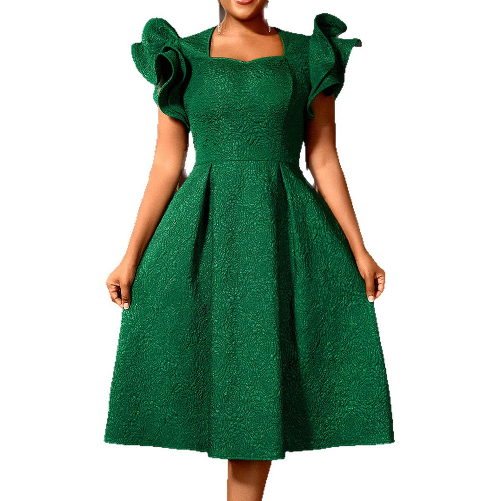 new arrivaleleganceruffles square neck dress rose jacquardhigh waist banquet a swing evening dress dress