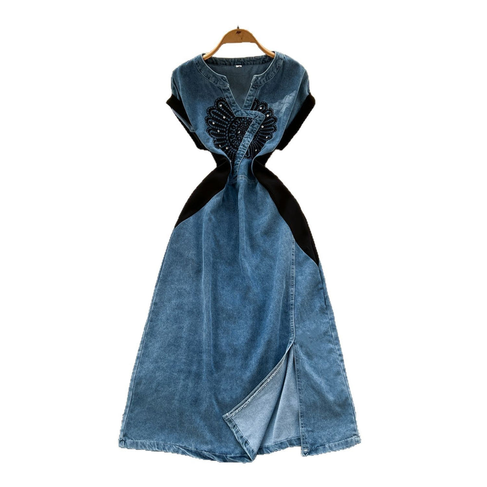 Chinese style outfit women's summer fashion heavy industry diamond embroiderv neck short sleeve patchwork denim dress women's long skirt