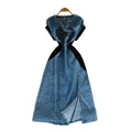 Chinese style outfit women's summer fashion heavy industry diamond embroiderv neck short sleeve patchwork denim dress women's long skirt