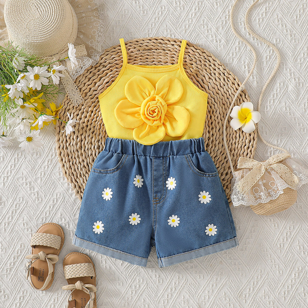 cross-border girls' country style 3d floral camisole top + embroidered denim shorts set