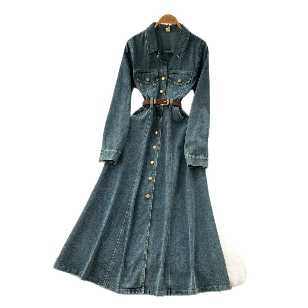 French retro chic, high-end denim dress with metal buckle collar, long sleeves, single-breasted button closure, and tie-waist detail