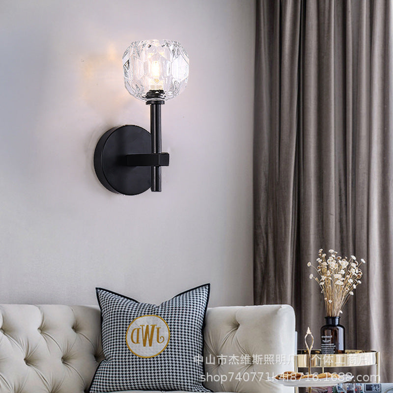 Modern french brass three-dimensional faceted crystal glass wall sconce - luxury soft lighting for b&b guest rooms and bathroom mirrors