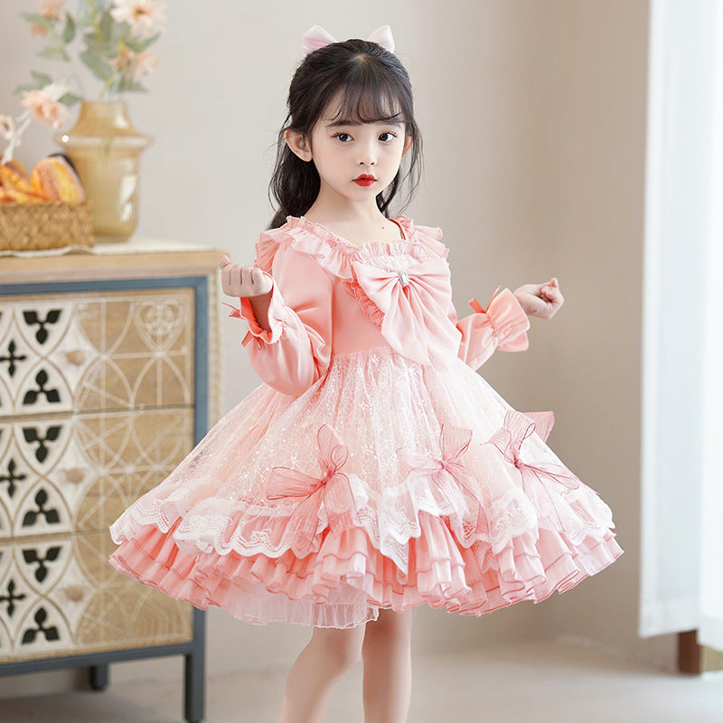 Lolita style girls' princess dress - new long sleeve satin bowknot mesh children's dress for little girls and babies