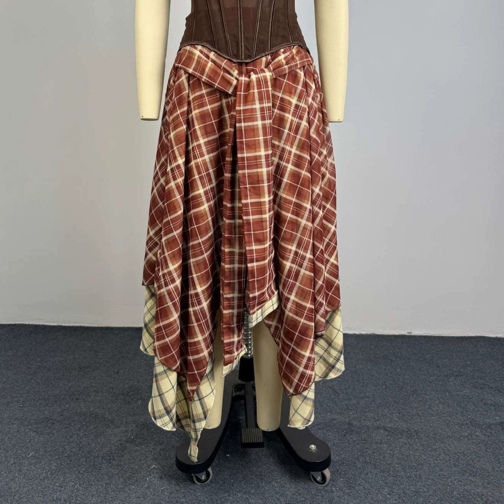 European and american cross-border women's fashion:  summer new arrival - elegant vintage plaid asymmetrical high-waisted slimming midi skirt