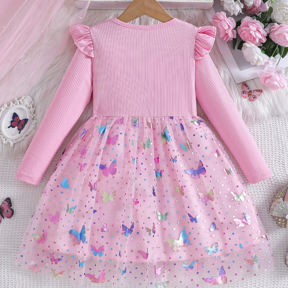 new mesh girl's spring/autumn butterfly print puffy princess dress - long sleeve girls' dress