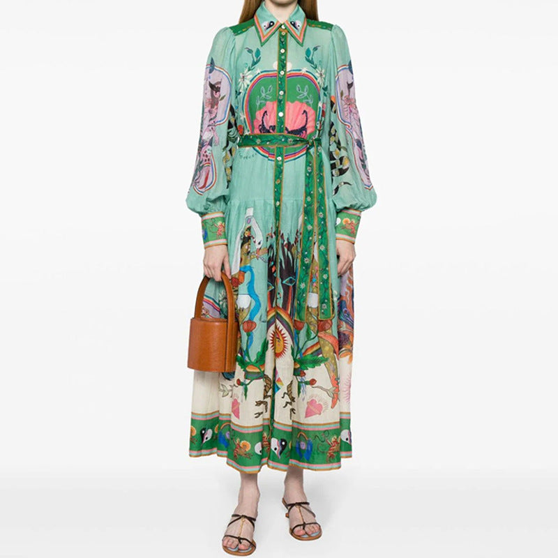 cross-border e-commerce european and american women's clothing: new summer collection - printed turn-down collar lantern sleeve cinched waist dress (style 661)