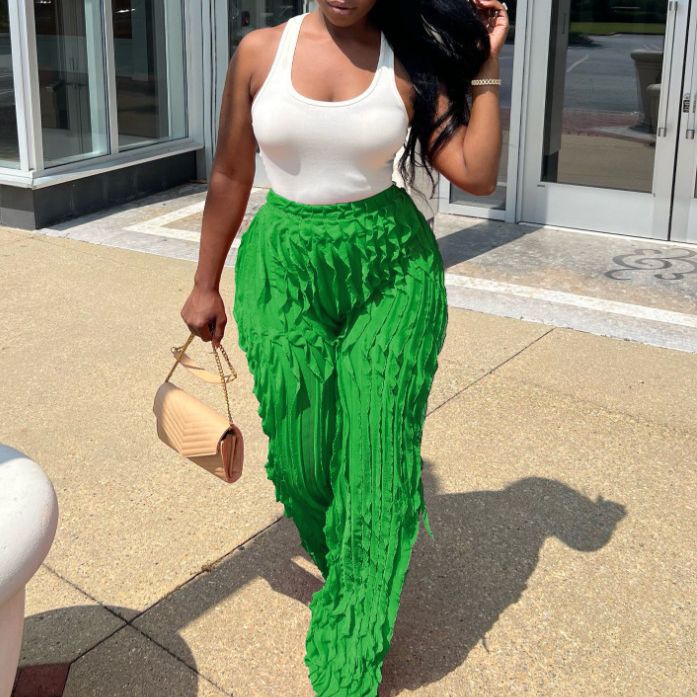 autumn european and american cross-border fashion women's mesh wave pattern high-waisted wide-leg loose pants