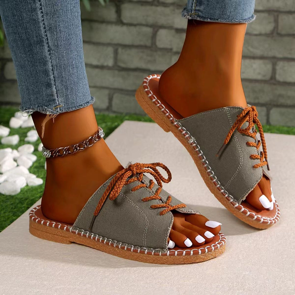 Ready-to-ship european and american plus-size women's slippers, 2025 summer collection: lace-up peep-toe slides, outdoor wear, flat, casual, crossover straps