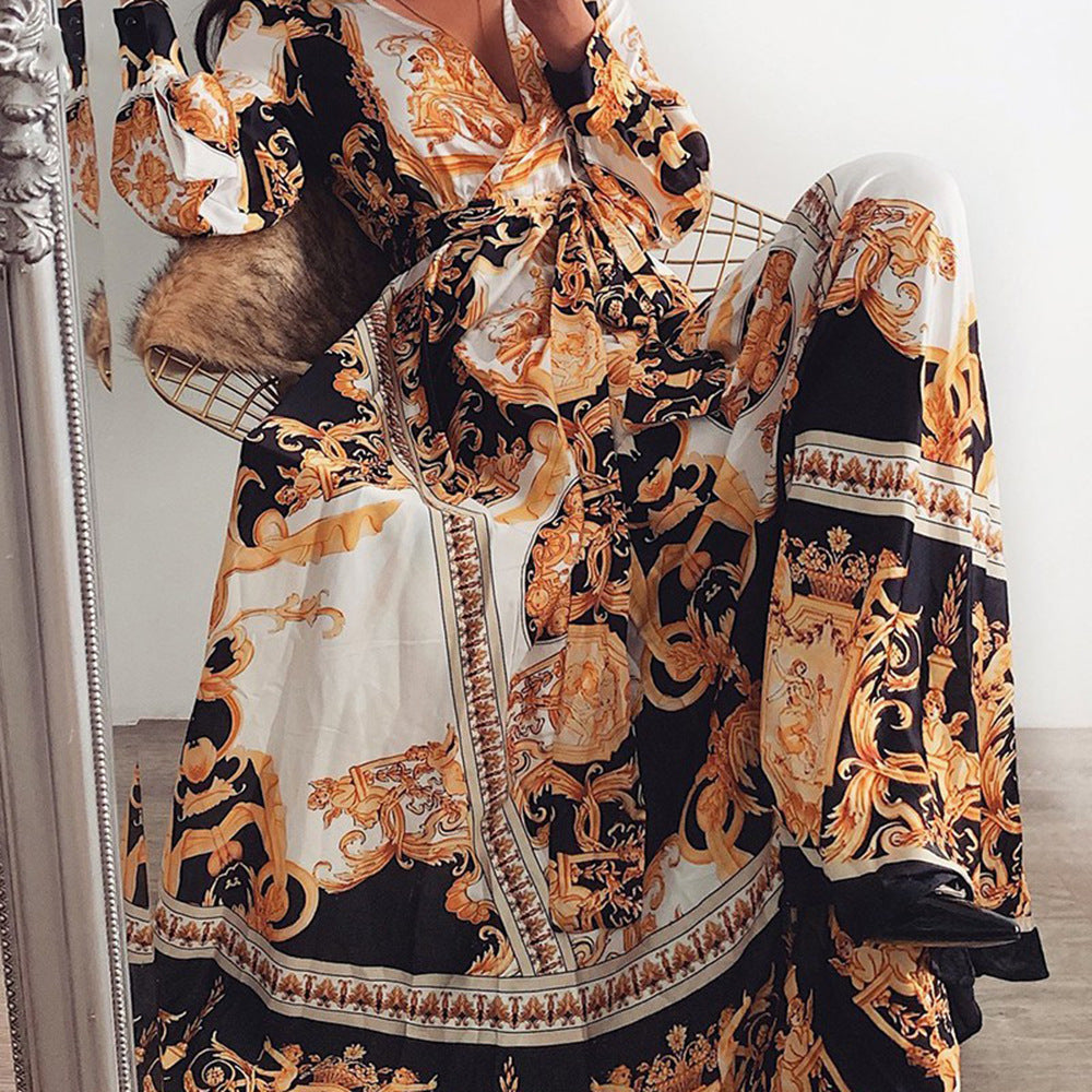 2025 cross-border evening gown: european and american print dress, v-neck pullover, vintage long sleeve, flared hem, slit maxi dress