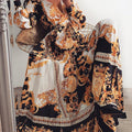 2025 cross-border evening gown: european and american print dress, v-neck pullover, vintage long sleeve, flared hem, slit maxi dress