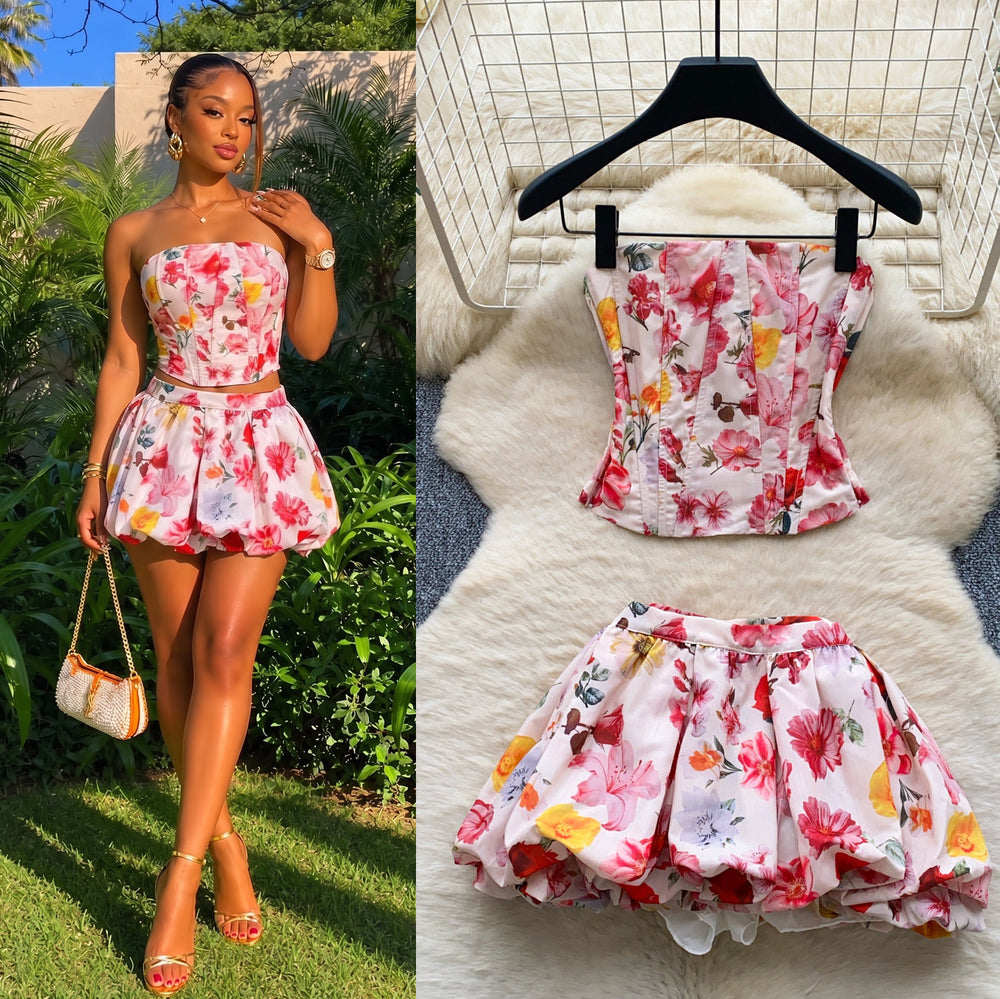 French-style bandeau top & midi skirt set - women's summer slim-fit two-piece outfit for a sweet and spicy look