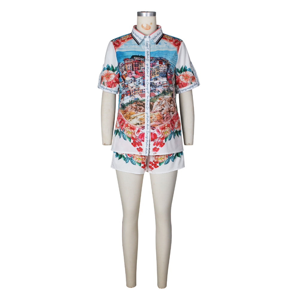 Amazon  new arrival european and american clothing stylish fixed printing short-sleeved shorts color matching holiday casualsuit