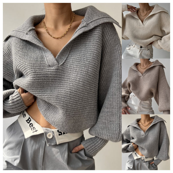 popular 2024 European and American  spring and autumn new knitted sweater knitted sweater lapel pullover women's top