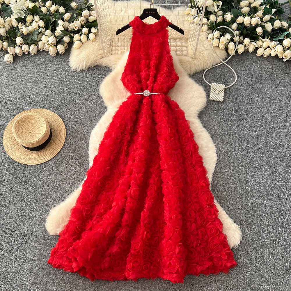 Frenchclassyfashionstereo flower halter sleeveless dress women's strappy waist slimming lookelegant large swing long skirt