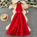 Frenchclassyfashionstereo flower halter sleeveless dress women's strappy waist slimming lookelegant large swing long skirt