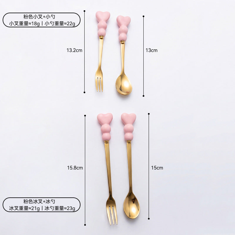 Sweetheart handle dessert fork spoon - girly, precise afternoon tea spoon, high-temperature resistant, thickened ceramic handle fruit fork