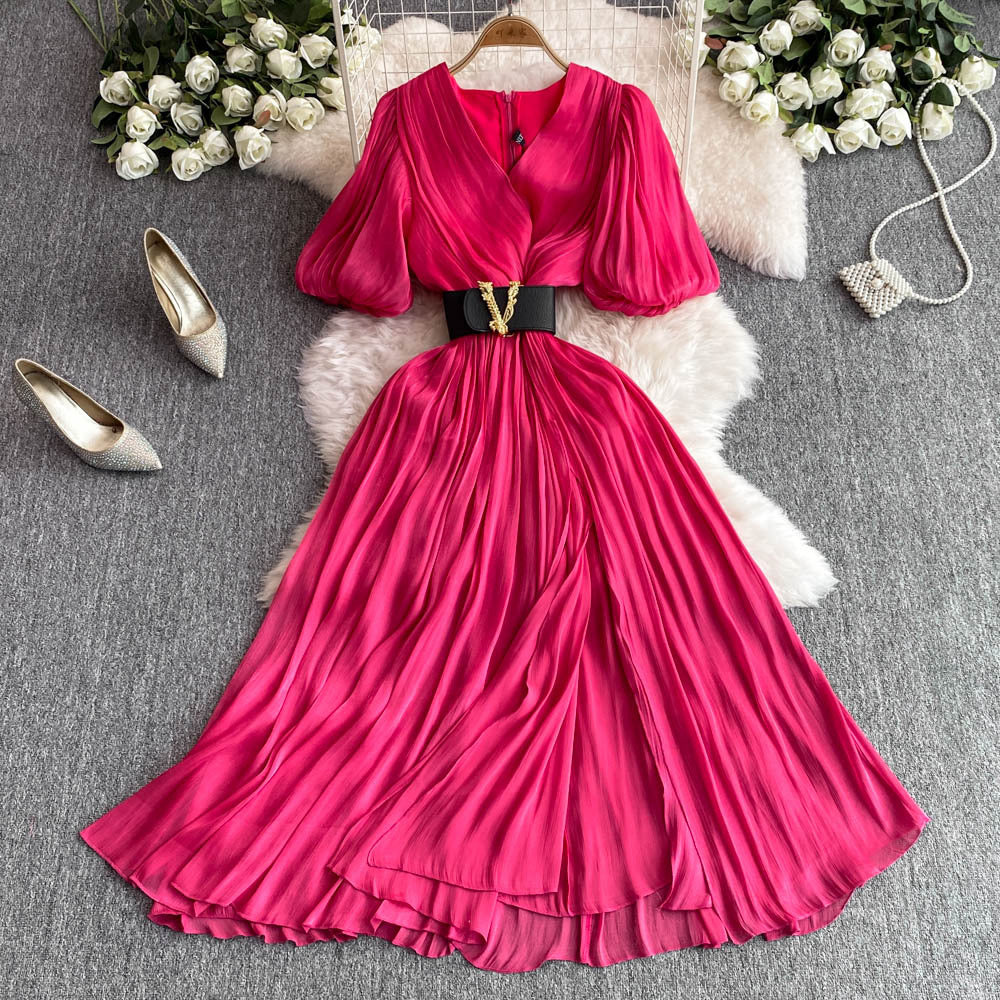 Summer french chic elegant puff sleeve short-sleeve dress v-neck pleated waist flared maxi dress with belt