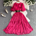 Summer french chic elegant puff sleeve short-sleeve dress v-neck pleated waist flared maxi dress with belt