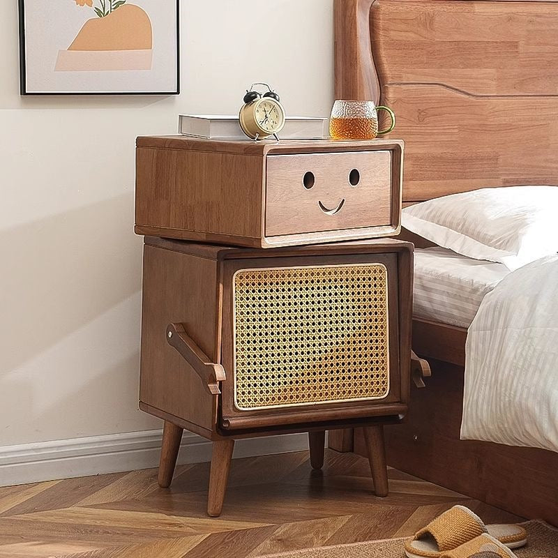 Nordic solid wood bedside table, kids' japanese-style rattan woven robot bedroom storage cabinet, mini simple drawer for small apartments