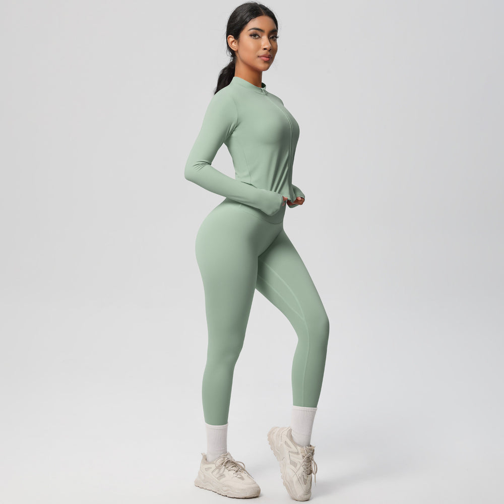 European and american quick-dry seamless zip-up workout set: high-waisted, butt-lifting yoga pants for women, perfect for outdoor running and fitness