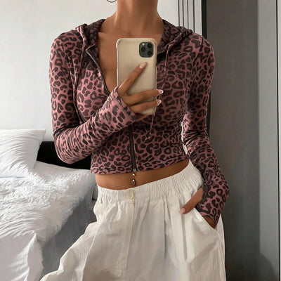 S391638 women's leopard print hooded jacket - long sleeve zip-up drawstring top - autumn fashion casual outerwear