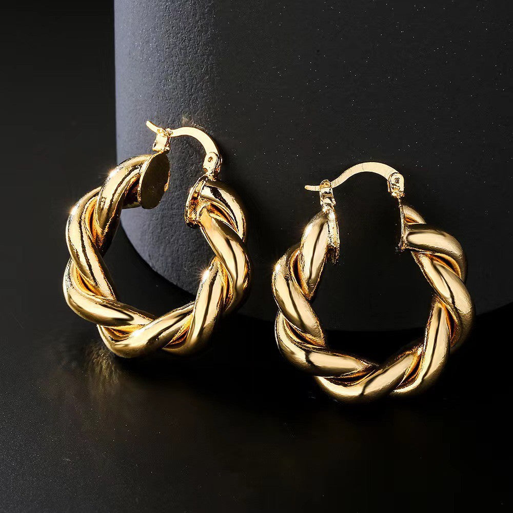 European and american style new twist rope circle minimalist titanium steel 18k gold plated niche geometric earrings for women wholesale