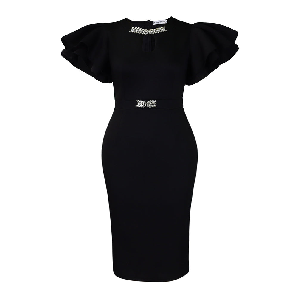 D580 european and american cross-border summer round neck lotus leaf sleeve studded hip-hugging dress party banquet cut out foreign trade dress