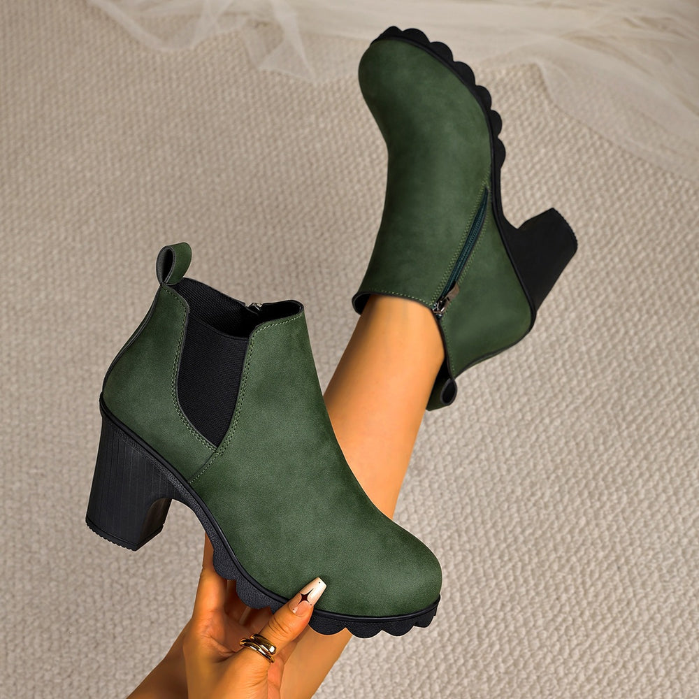 plus size thick high-heeled short boots for women  fall and winter new arrivalfashion round toe plaid elastic slip-on feet boots for women
