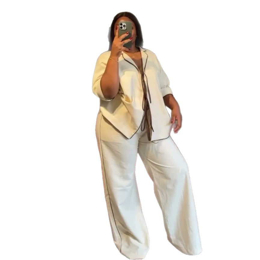 European and american cross-border women's fashion:  summer new arrivals - stylish casual loose tie-waist shirt and wide-leg pants fashion set