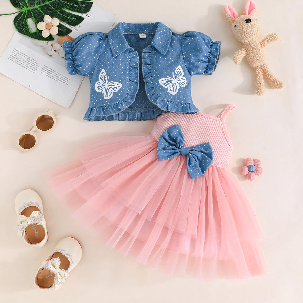 new girls' bowknot suspender dress set - spring/summer korean style mesh skirt two-piece kids' princess dress