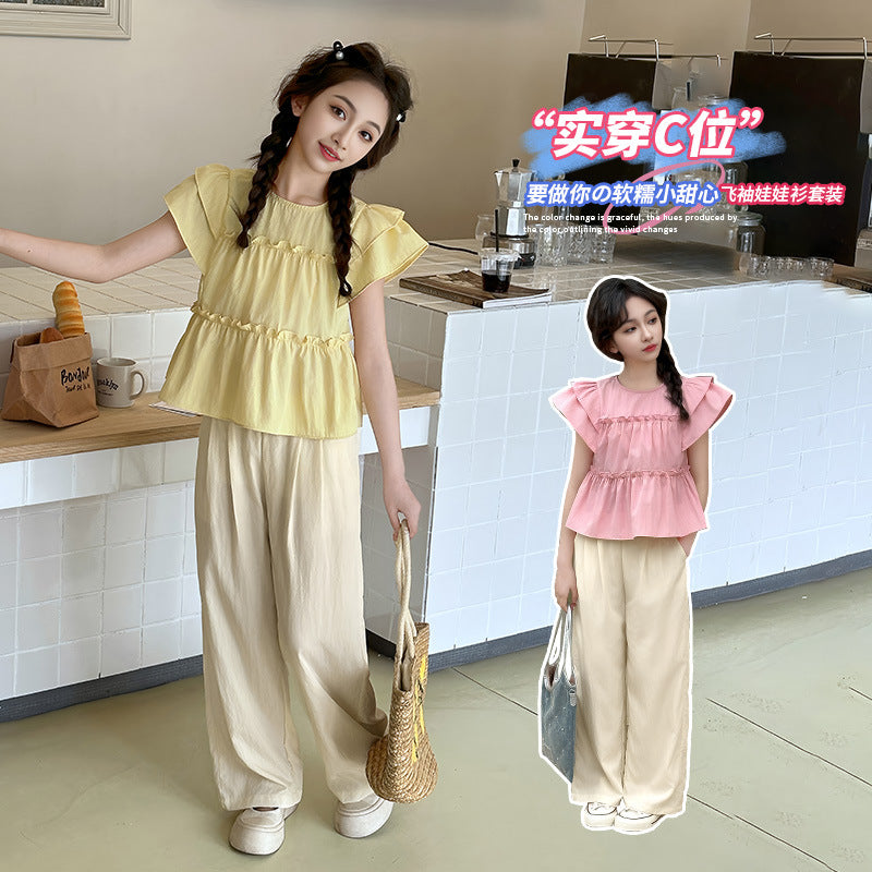 Girls' flutter sleeve outfit -  summer new fashion, stylish two-piece set for little girls, wide-leg pants for toddlers and young children