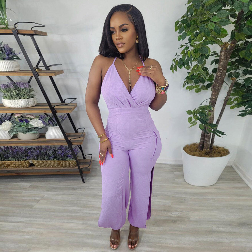 S10542 hot sale, European and American, sexy, solid color suspender neck hollow pants tight hip jumpsuit