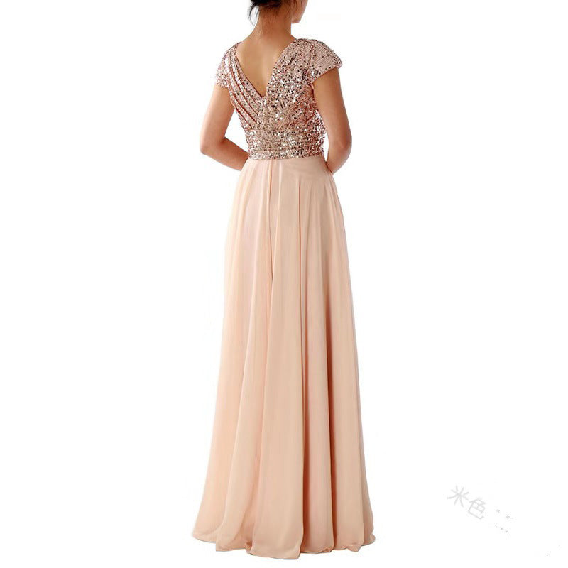summer new arrival: women's foreign trade dress -  &  new v-neck sequin chiffon patchwork evening gown maxi dress
