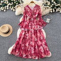 French riviera style rose print v-neck dress - women's spring korean style long sleeve tie-waist slimming maxi dress