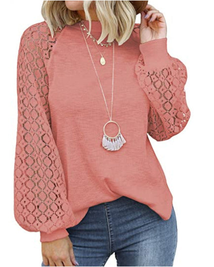 fashionexport cross-border new arrival  independent station round neck long sleeves lacepatchworkloosetops women