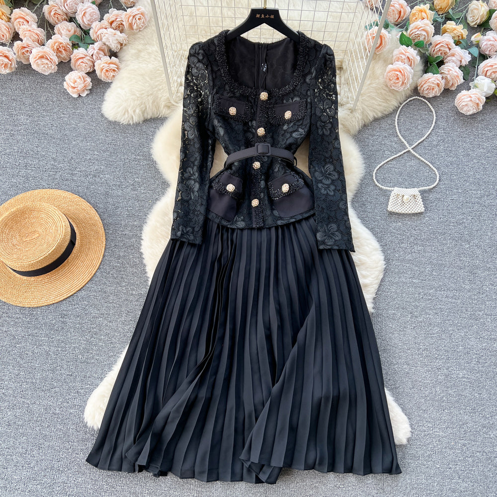 French chic dress - premium quality, heavily beaded, metal buckle, square neck, lace trim, pleated fairy dress