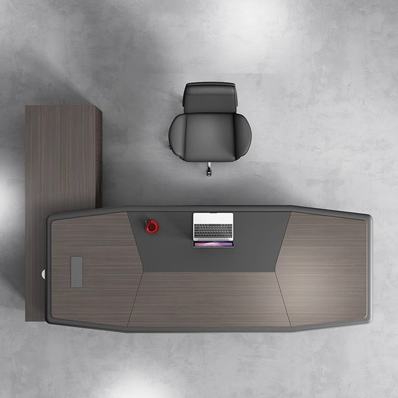 High-end, minimalist, and modern office desk and chair set. executive desk, manager's desk, lacquered finish, understated luxury, suitable for executive offices and boardrooms