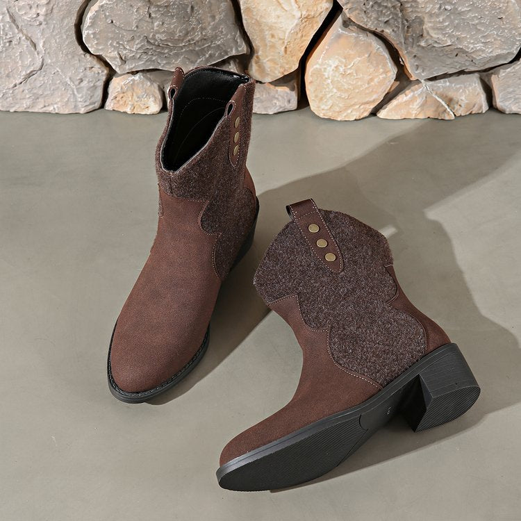 new arrival cow suede boots fashion style pointed toe patchwork sleeve thick heel medium heel plus size short boots casual women's boots