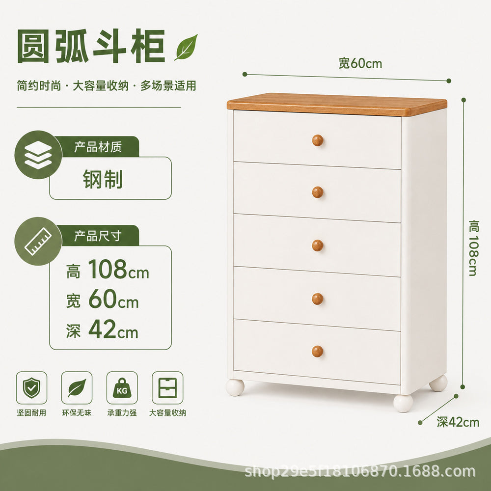 new steel low cabinet with rounded corners, freestanding five-drawer unit, wall-mounted integrated storage cabinet, kids' organizer