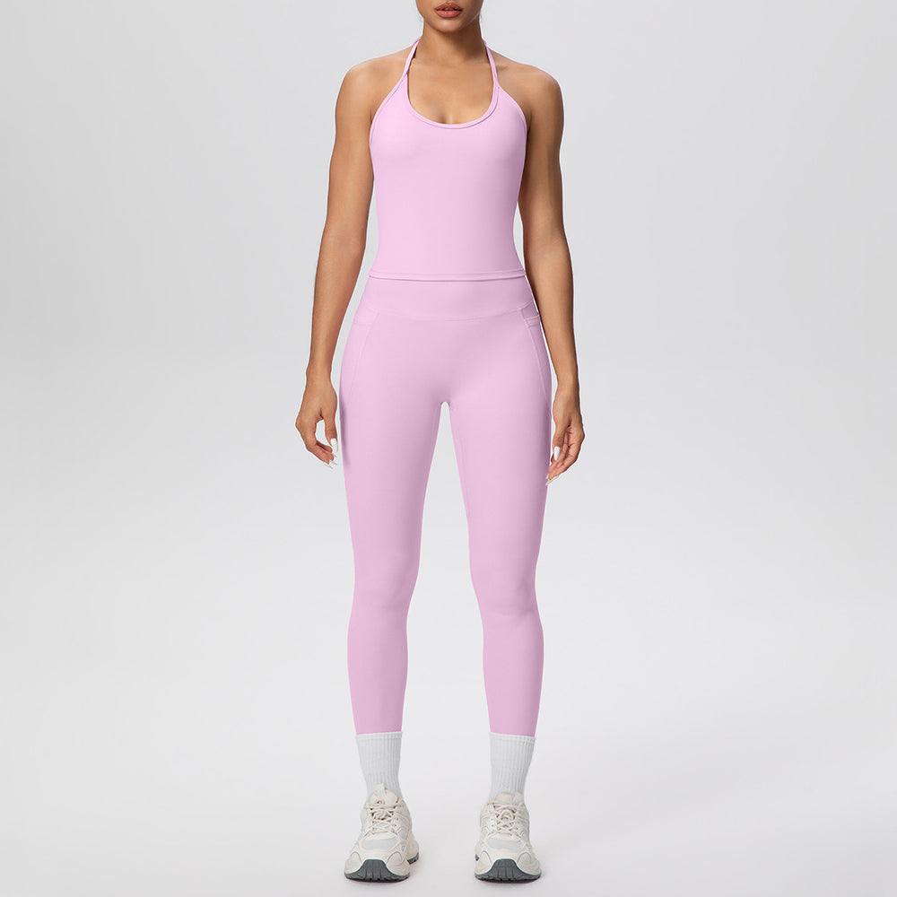Cloud-feel quick-dry tie-up tank top & high-waisted pocket leggings activewear set - perfect for outdoor running, fitness, and yoga