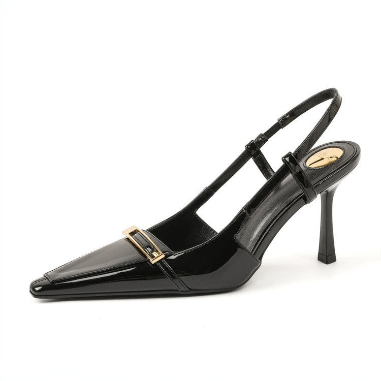 2026 spring/autumn new pointed-toe stiletto sandals - luxury metallic buckle patent leather sexy open-back closed-toe women's shoes