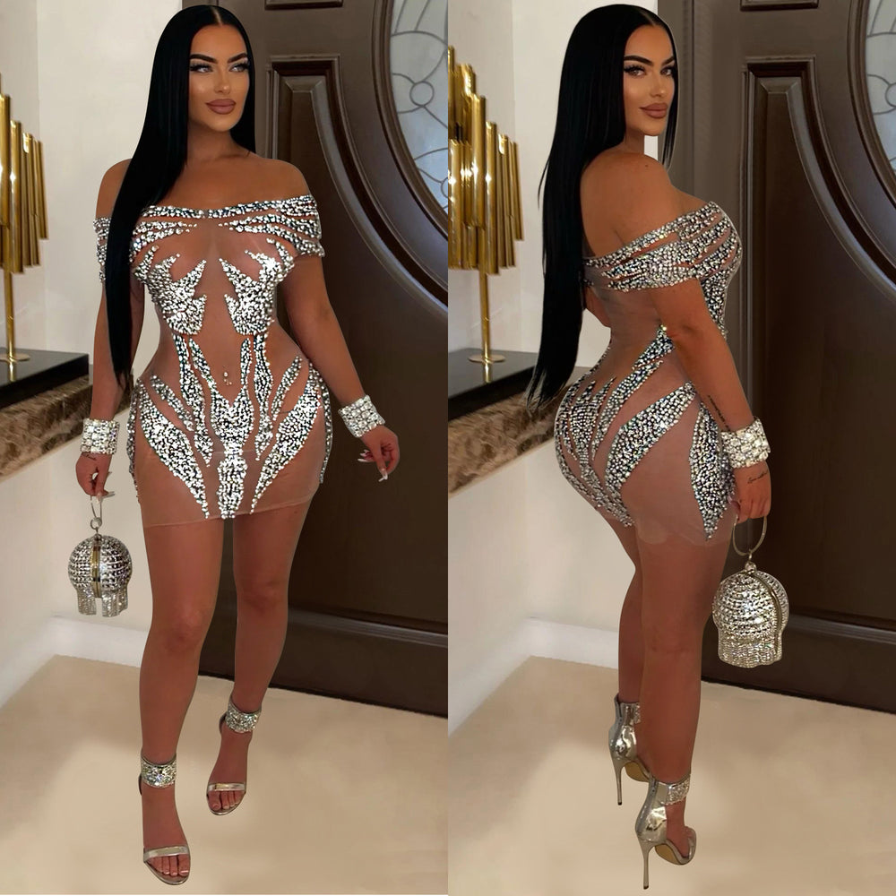 C6926 cross-border   independent station fashion women's sexy hot diamond see-through dress