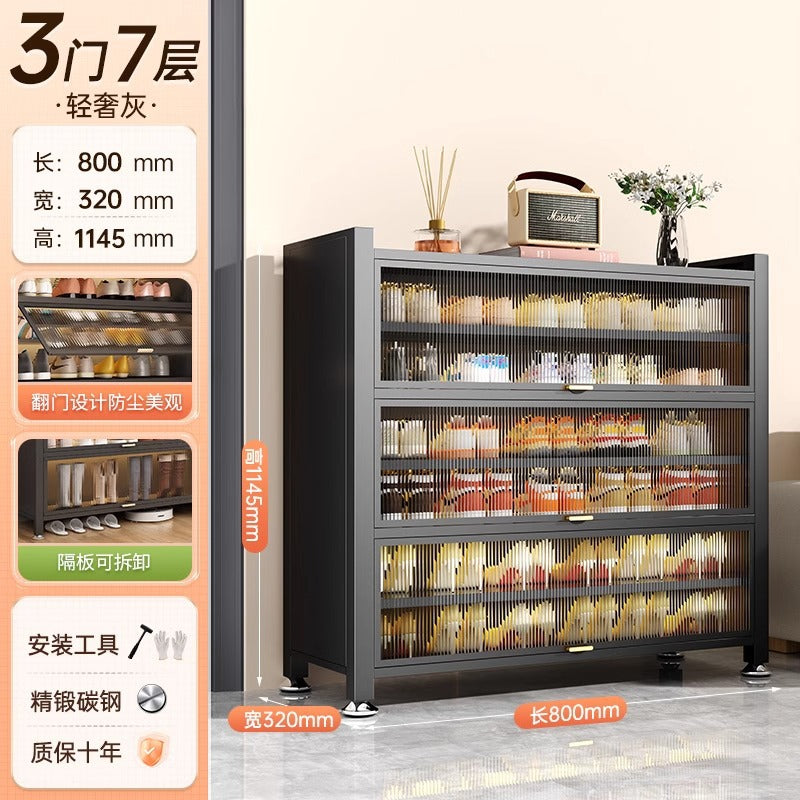 Steel shoe cabinet for home, all-in-one entryway cabinet, multi-layer large capacity storage cabinet, metal dustproof shoe rack