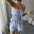 summercasual sleeveless stripesruffles strapless tops elastic shorts two-piece setsuitfashion