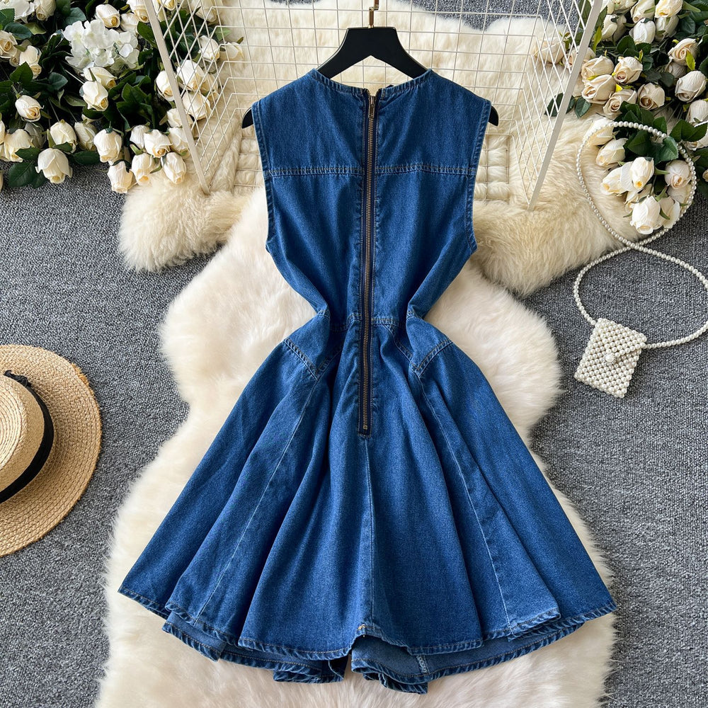 Summernew arrival sleeveless vest denim skirt women's waist slimming look heavy industry beading single-breasted pleated dress