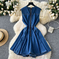 Summernew arrival sleeveless vest denim skirt women's waist slimming look heavy industry beading single-breasted pleated dress