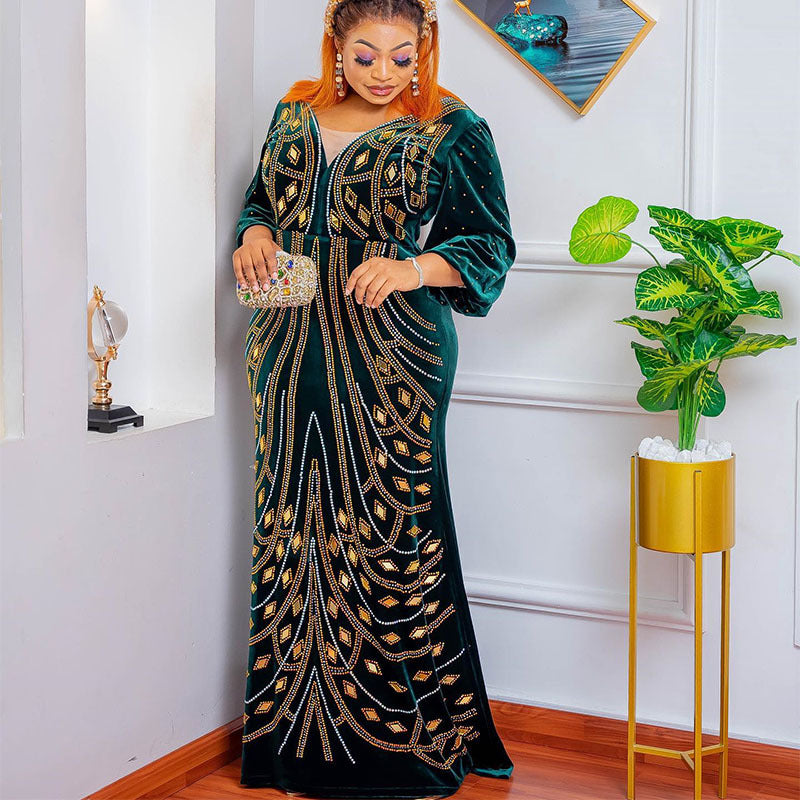 African cross-border supply  new style elegantwork clothing velvet patchwork mesh hot diamond hip-covering fishtail long skirt