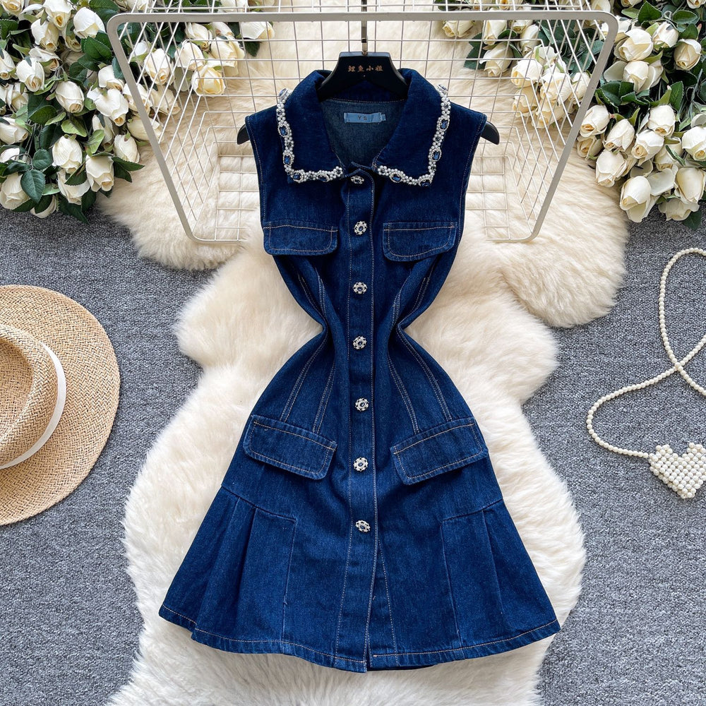 American retro hot girl style sleeveless denim dress - women's summer diamond-embellished slim-fit, figure-flattering, stunning petite mini dress