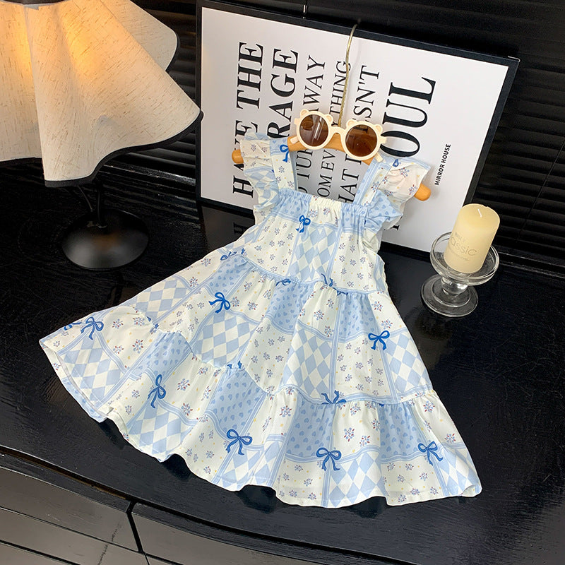 [family wear] children's cotton silk suspender dress sleeveless cake skirt summer thin flying sleeve western style floral skirt