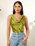 summer new satin ruched neck solid color sleeveless tank top - wholesale european and american style sleeveless tops